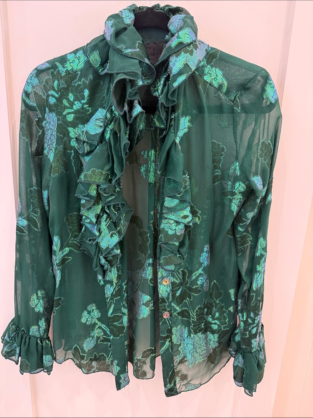 Anna Sui Iridescent Moonlight Garden Blouse in Green Silk